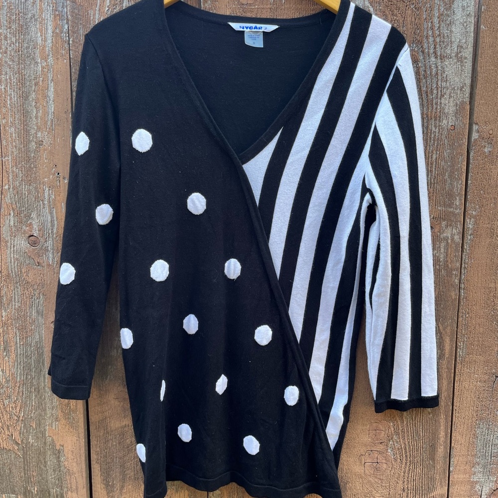 Peter Nygard Black and White Asymmetrical V-Neck Sweater